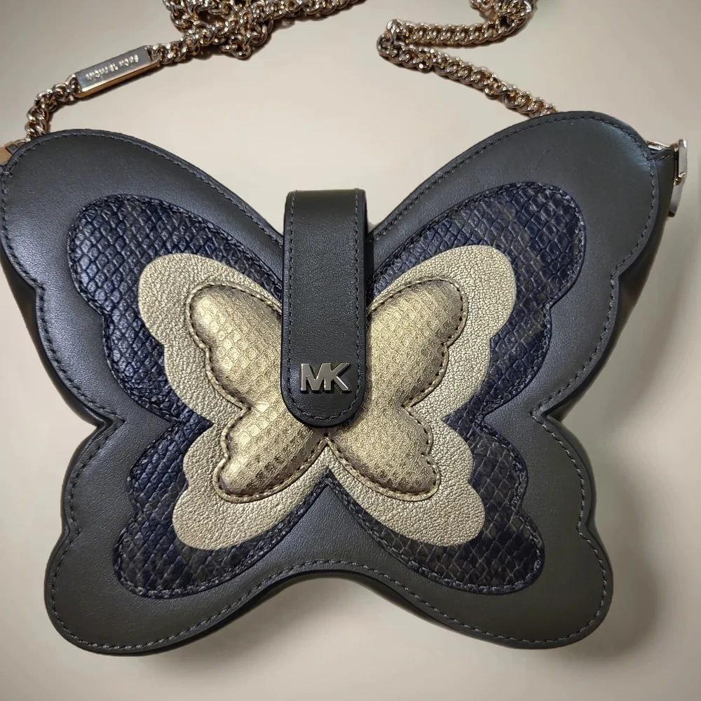 Michael Kors Butterfly Design Leather Crossbody Bag - Black and Gold